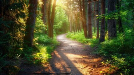 Obraz premium Summer forest path with stunning natural scenery for design with empty area