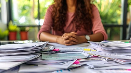 Educator organizing papers and assignments at a desk in the morning light Stock Photo with copy space
