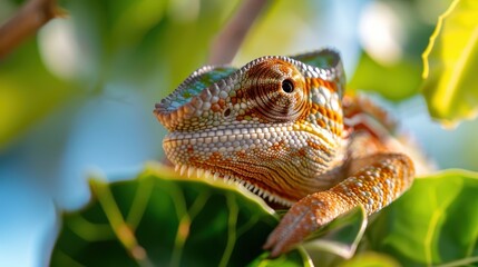 A detailed close-up image of a chameleon blending into the leafy background, showcasing its remarkable camouflage abilities in a vibrant green setting.