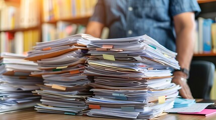 Educator organizing papers and assignments at a desk in the morning light Stock Photo with copy space