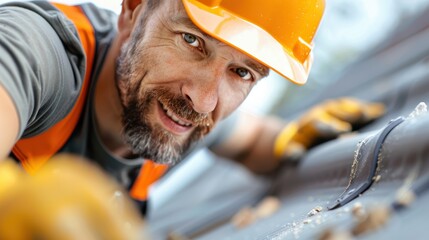 A worker, equipped with a hard hat, is seen climbing on the roof of a building site, demonstrating the rigor and caution required on outdoor construction jobs.
