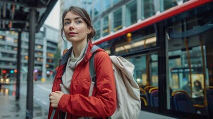 Fototapeta premium Educator getting off a bus with a tote bag Stock Photo with copy space