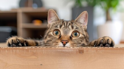 A tabby cat laying on the edge of a cardboard box with its front paws extended and wide eyes looking forward, exuding a sense of curiosity and attentiveness in a cozy home.