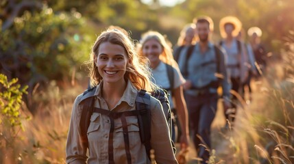 Motivated Business Professionals Embracing Team Building Through Hiking Adventure