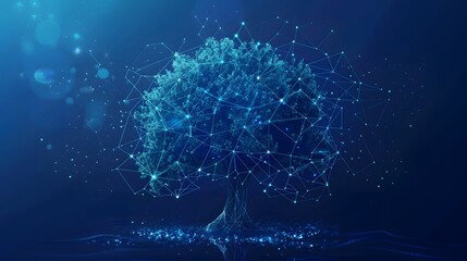 Digital tree with sprouts and binary code in glowing futuristic polygonal style. Poster for an educational program for children. Technology training for teenagers. Vector illustration