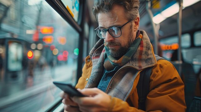 Busy Businessman Analyzing Financial Data on Smartphone App During Commute - Powered by Adobe