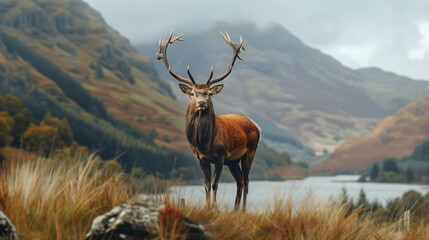 A regal red deer stag standing on a hillside, with scenic mountains.