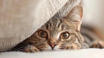 A lovely picture of a cat hiding under a blanket, with its wide, curious eyes peeping out. The intimate setting and the cat&rsquo;s focused gaze create a touching moment.