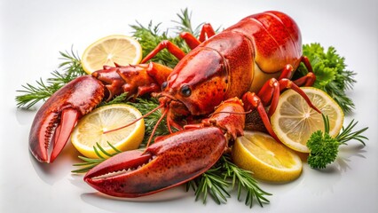 Delicately arranged, succulent, steamed Atlantic lobster, garnished with lemon, resting on a crisp, pristine white background, exuding opulence and sophistication.