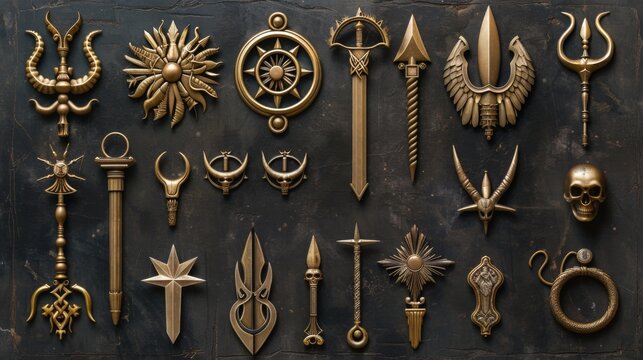Collection of Golden Fantasy Weapons and Symbols