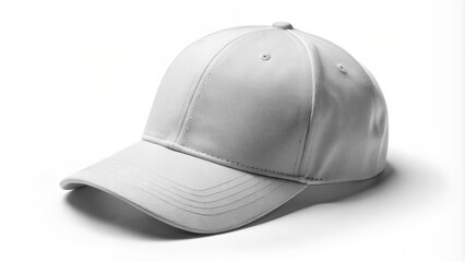 Fototapeta premium Empty white baseball cap mockup facing forward on a plain white background, with subtle shadows and realistic textures visible.
