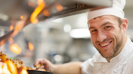 A dynamic chef is skillfully cooking with flames and a smile in a busy restaurant kitchen, radiating energy and expertise in creating a delicious culinary masterpiece.