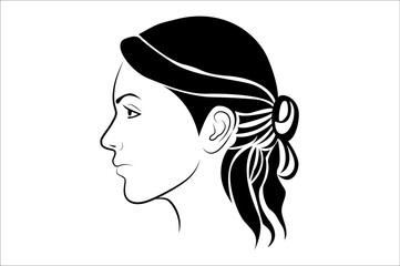 Hand drawn beautiful woman portrait with black hairs isolated on white background - vector illustration