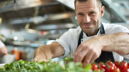 Fototapeta premium A dedicated chef in a bustling kitchen meticulously arranges fresh ingredients including tomatoes and greens, highlighting the importance of quality in culinary arts and preparation.