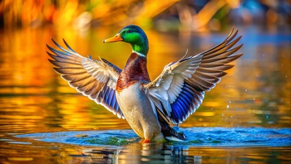 Vibrant feathers glisten on a majestic duck standing in calm shallow water, wings outstretched, sending ripples in a joyful splash scene.