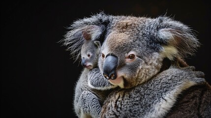 Obraz premium A mother koala carrying her baby on her back.