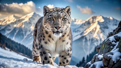 Fototapeta premium Majestic snow leopard with piercing yellow eyes and focused expression walks alone through serene snowy mountains, its fur blending seamlessly.