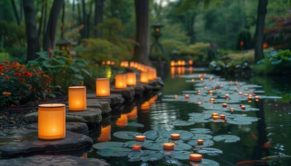 Fototapeta premium Tranquil Japanese Garden with Glowing Lanterns by the Pond