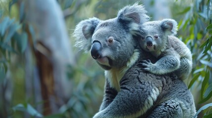 Obraz premium A cute koala baby riding on its mother's back.