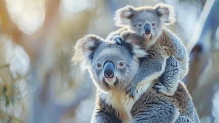 Fototapeta premium A mother koala with her young joey nestled on her back.