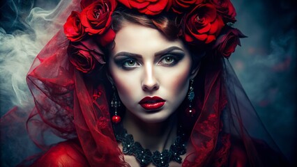 Moody atmospheric landscape with misty trees, old stone walls, and mysterious fog, perfect for dark, elegant, gothic fashion shoot backdrop.