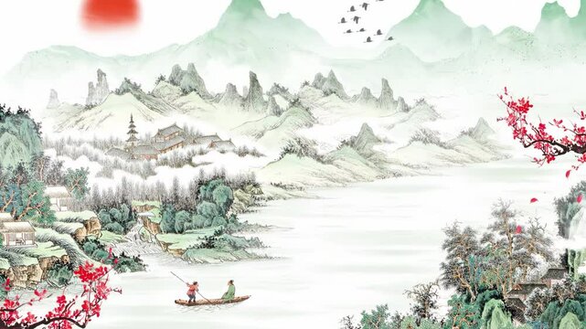 Peaceful nature Traditional Chinese style retro ink landscape plum blossom animation Painting of beautiful calm trees, mountains, flowers, lake, water, birds, blue sky, boat, cherry blossoms season