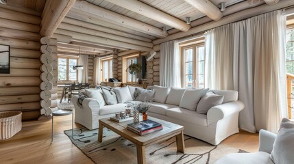 Log cream style living room decoration, this decoration is full of wood elements and cream white tones 