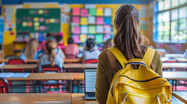 Teacher checking a lesson plan on a laptop Stock Photo with copy space