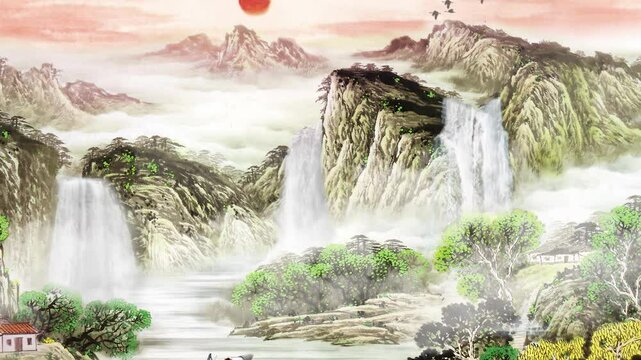 Fantasy bright ambience Chinese style aesthetic ink landscape waterfall animation of beautiful morning sky, mountains, flowers, lake, ancient house with in Japanese Chinese anime watercolour style.