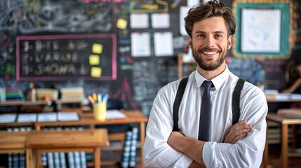 Obraz premium Teacher preparing for a new day of teaching with enthusiasm Stock Photo with copy space