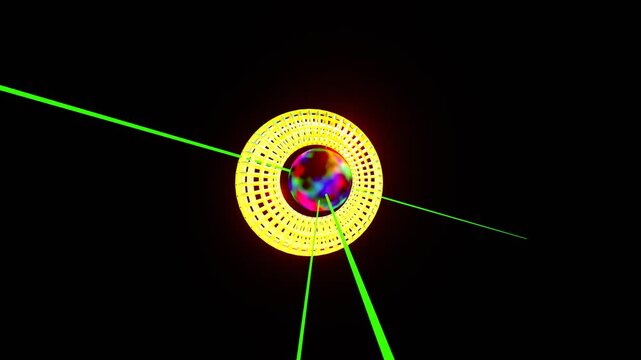 6 seconds  of DJ visualizer of plasma orb wireframe torus donut and green lasers spinning rotating around on black background HD, video, 1920, 1080, no audio, no sound, animation
