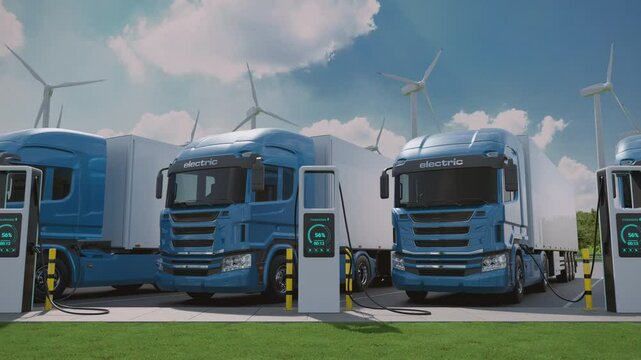 A row of blue generic electric long-haul semi trucks with cargo trailer charging at a parking lot along the road. Future technology and sustainable business concept. Realistic 3d animation rendering
