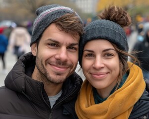 Fototapeta premium Happy Couple Smiling in NYC, Cheerful Photo of a Man and Woman in New York City, Big Apple Love Story, Professional Life Success, Urban Romance, Joyful Couple Portrait
