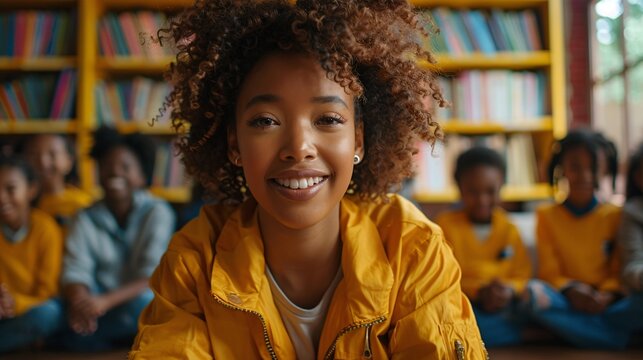 Educator teaching a language arts class using interactive methods Stock Photo with copy space