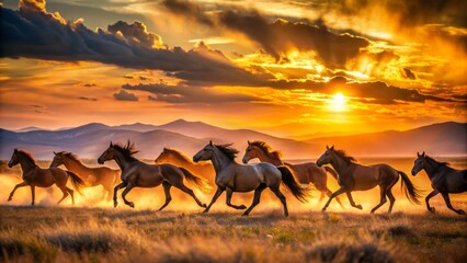 Majestic wild horses roam freely in a serene landscape, bathed in warm golden light of a breathtaking sunset backdrop.