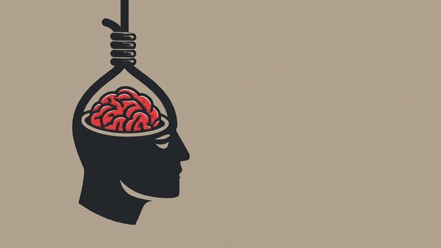 Human head with hangman's rope instead of brain - Man is thinking about suicide and killing himself by hanging. Negative thinking of person who wants to die end end life. Dark illustration.