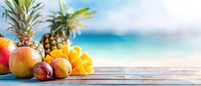 Close-up of exotic fruits like pineapples and mangos on a wooden table at the beach.

