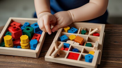 Montessori materials. Motor skills, learning counting and sorting game, math toy for children.