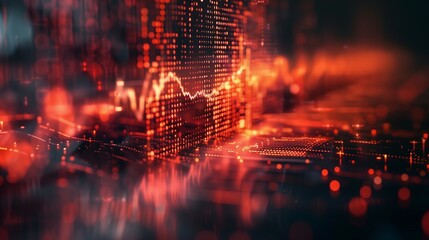 Abstract digital display with red data points and lines, resembling financial market graphs or technological interfaces.
