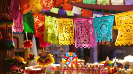 Fototapeta premium Colorful papel picado banners hanging in a festive market. Traditional Mexican decoration, cultural celebration, Hispanic Heritage Month, craft, vibrant colors.