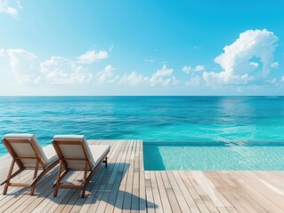 Fototapeta premium A beautiful beachfront villa with a private deck overlooking the ocean, with copy space.