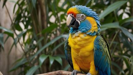 Vibrant Macaw Parrot on Lush Jungle Branch, Close up