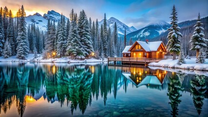 Obraz premium Serene winter landscape of snow-covered lodge reflected in calm emerald lake waters during tranquil blue hour evening atmosphere.
