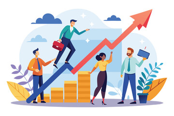 Obraz premium Business Team Collaborating to Build Company Growth Graph with Rising Arrow, Developing Successful Strategy Concept