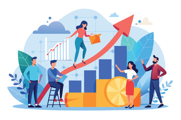 Business Team Collaborating to Build Company Growth Graph with Rising Arrow, Developing Successful Strategy Concept