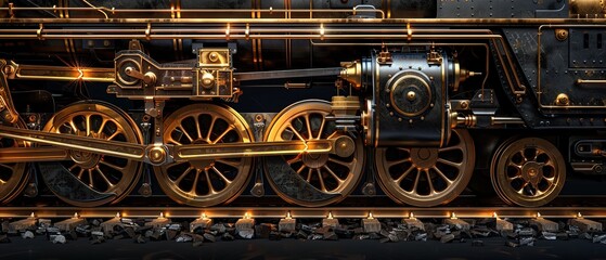 Close-up view of train wheels and track, detailed metal textures, and mechanical parts, with shadows highlighting the intricate components