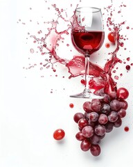 Craft a splash of red wine with plenty of copy space, incorporating a grape.