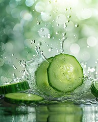Generate a splash of green cucumber water with a lot of copy space, featuring a cucumber slice.