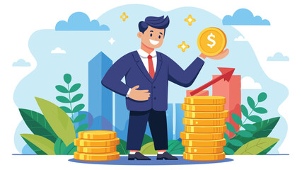 Businessman investor holding high stack of dollar coins, representing compound interest, profitable investments, and economic growth and prosperity