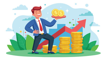 Businessman investor holding high stack of dollar coins, representing compound interest, profitable investments, and economic growth and prosperity © Rosie
